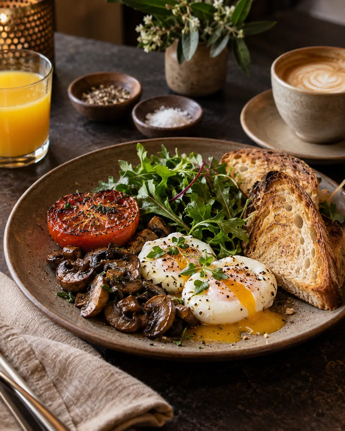 Breakfast plate with eggs, mushrooms and grilled tomato