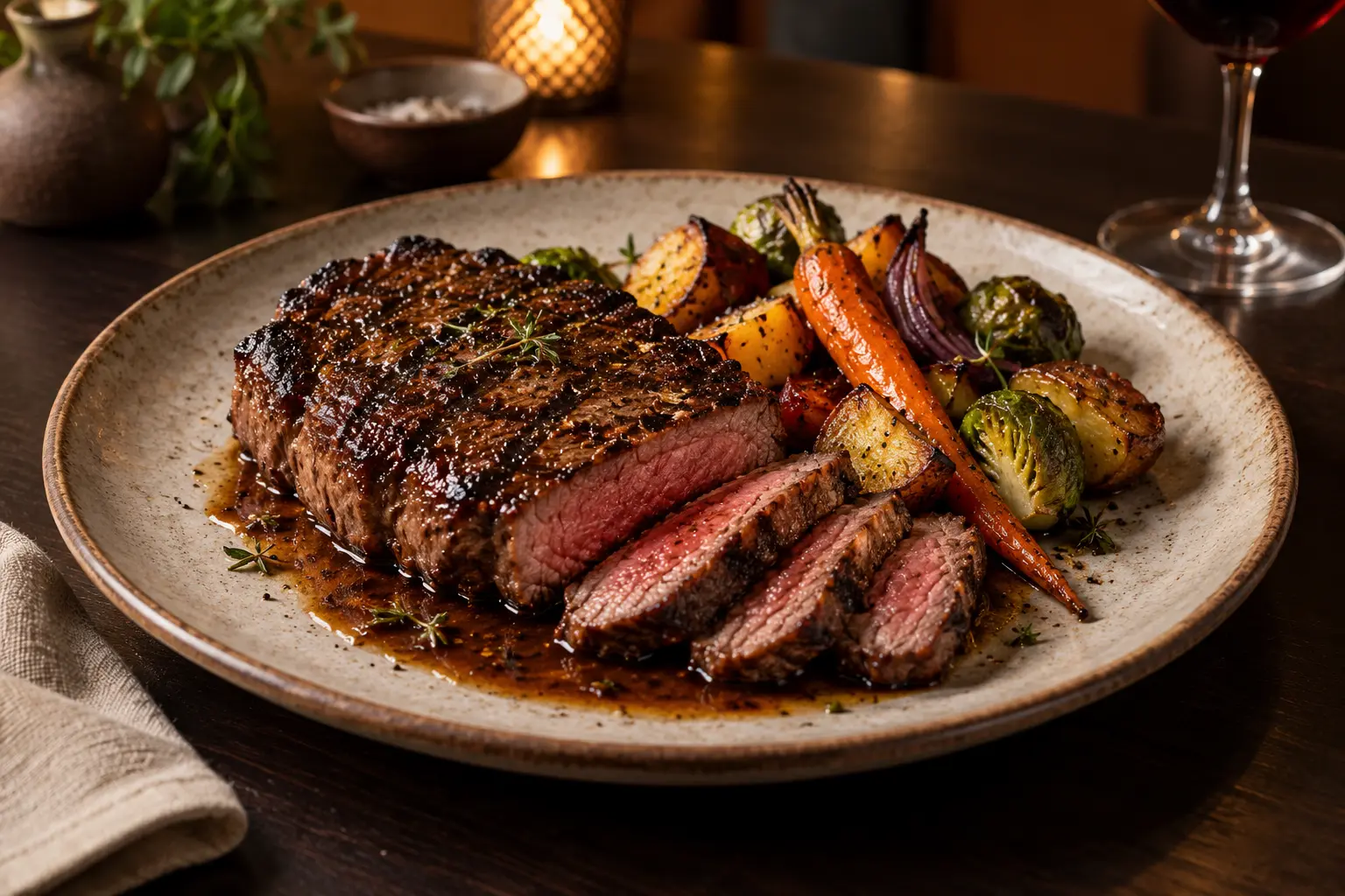 Flame grilled steak with roasted vegetables